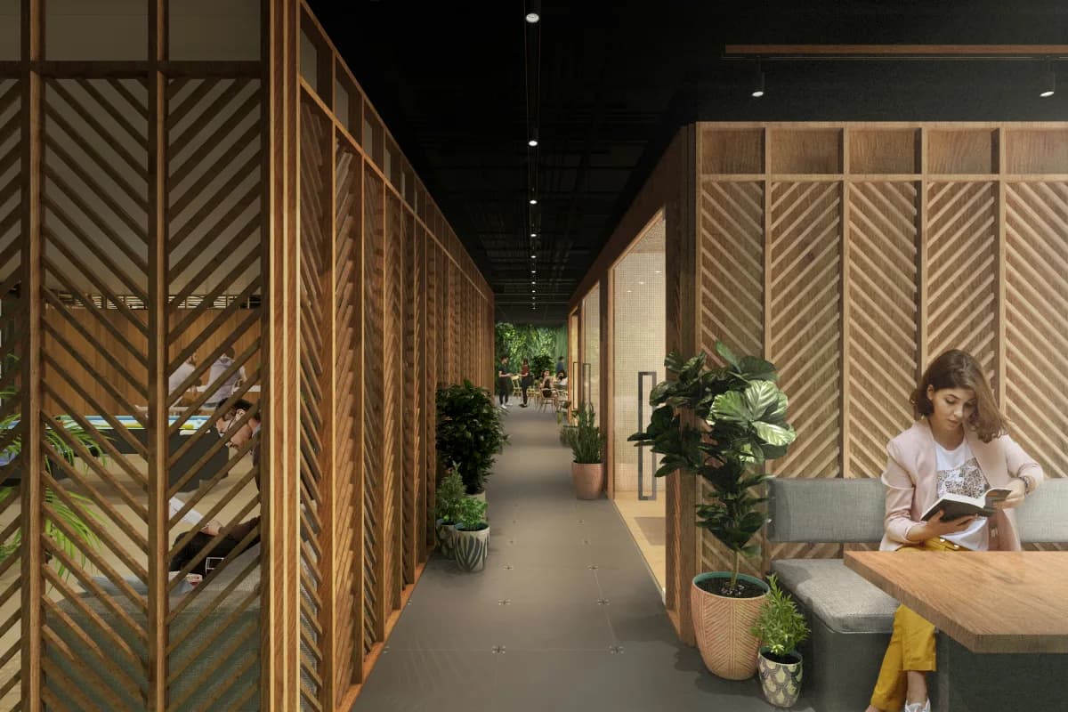 Pasillo de oficina moderna — entorno corporativo premium Omvyx
